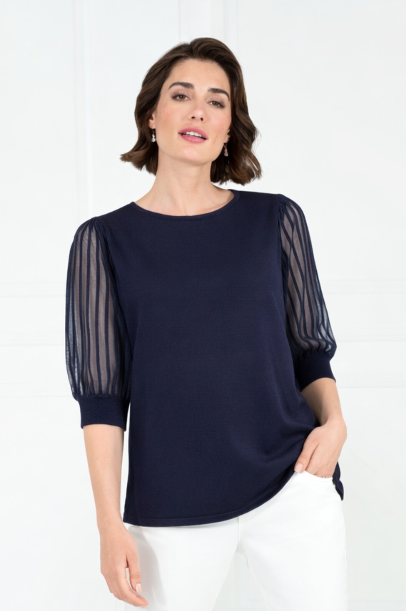 Sunday Cleo Mesh Sleeve Top Navy 69