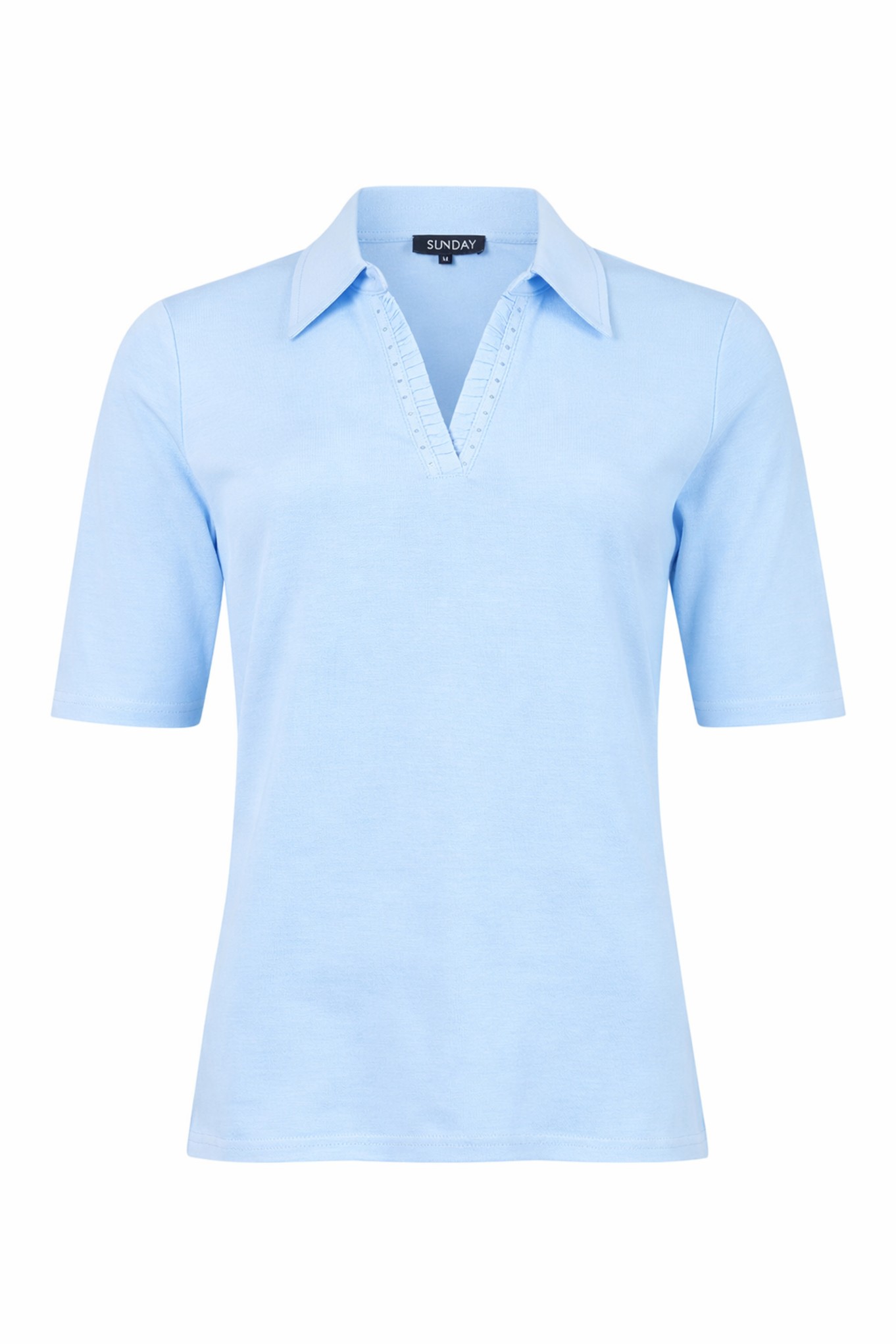 Sunday Diamante V-Neck Collared Cotton T-Shirt Pale Blue 77