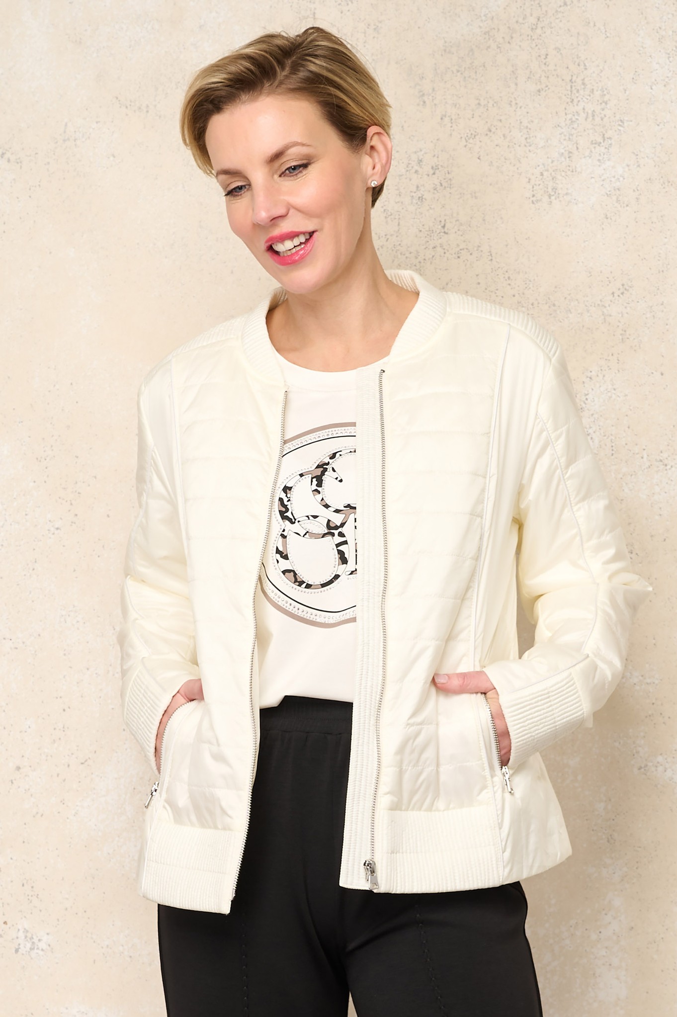 I’cona Luxe Quilted Bomber Jacket Cream 11