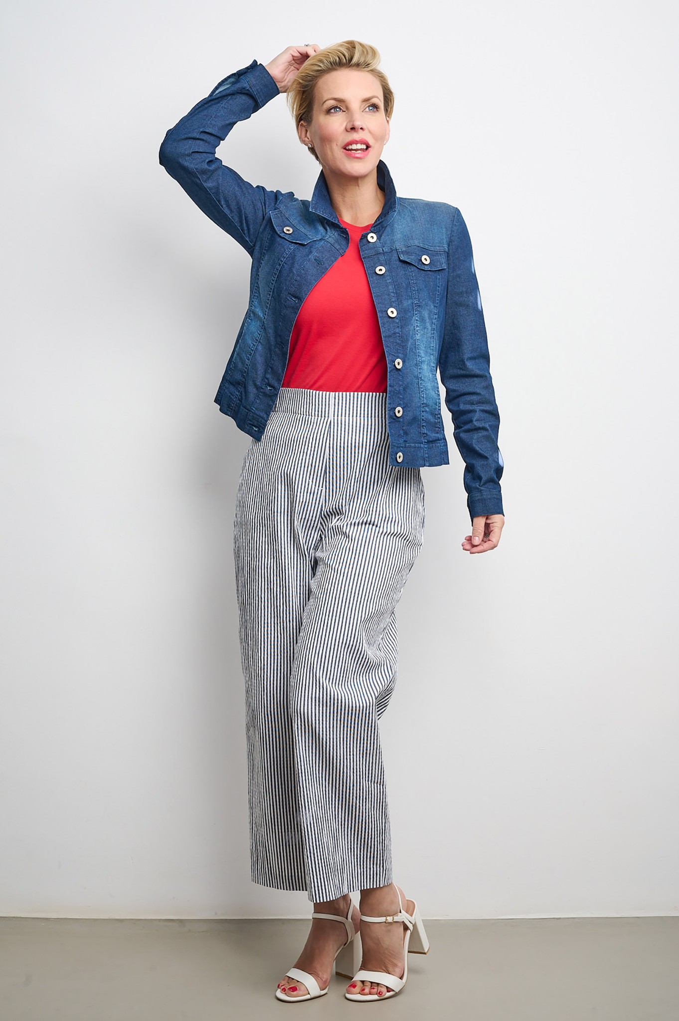 Robell Anna 09 Crushed Stripe Seersucker Ankle Grazers Navy 69