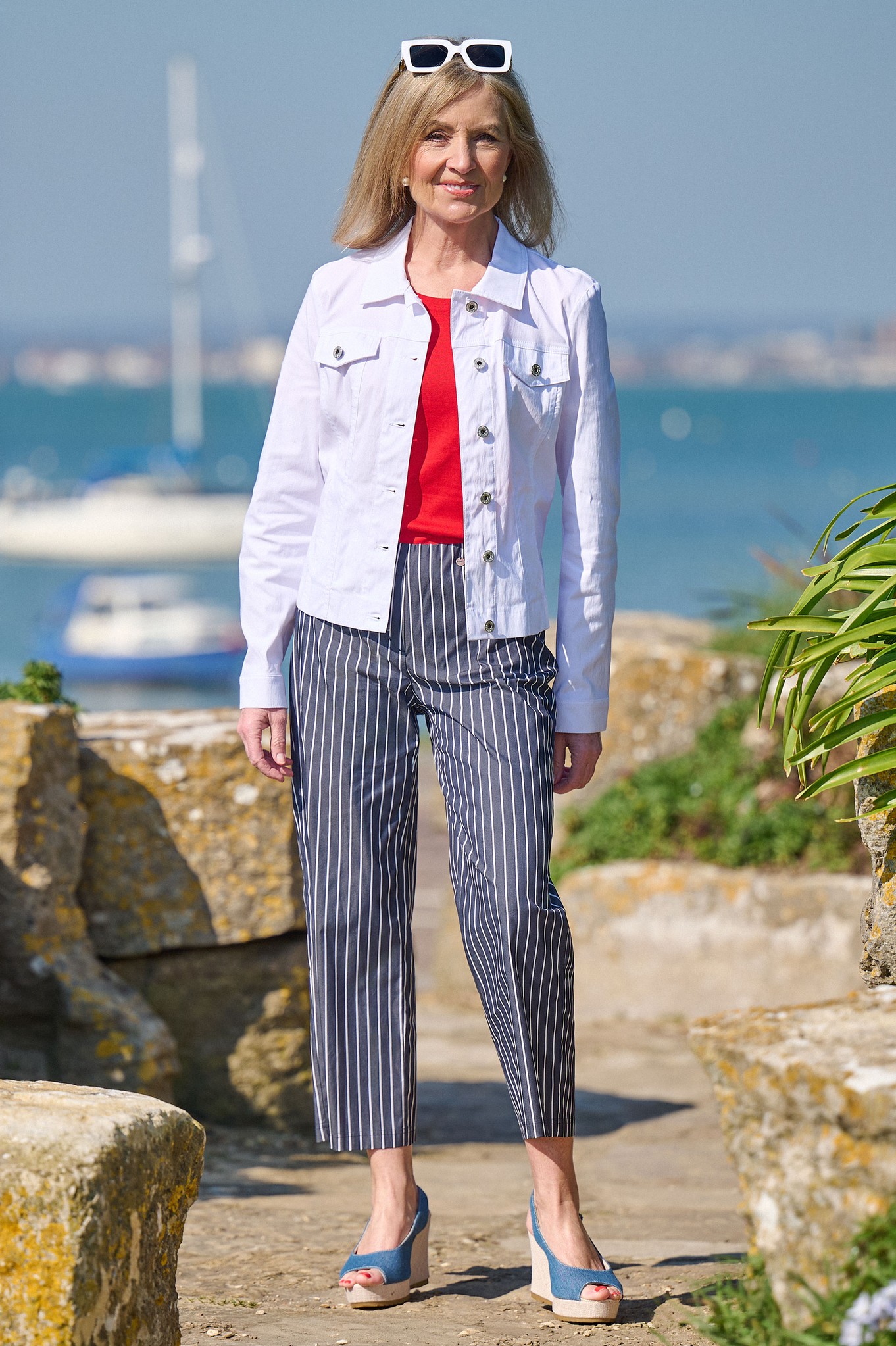 Robell Efi 09 Regency Stripe Wide Leg Ankle Grazers Navy 69