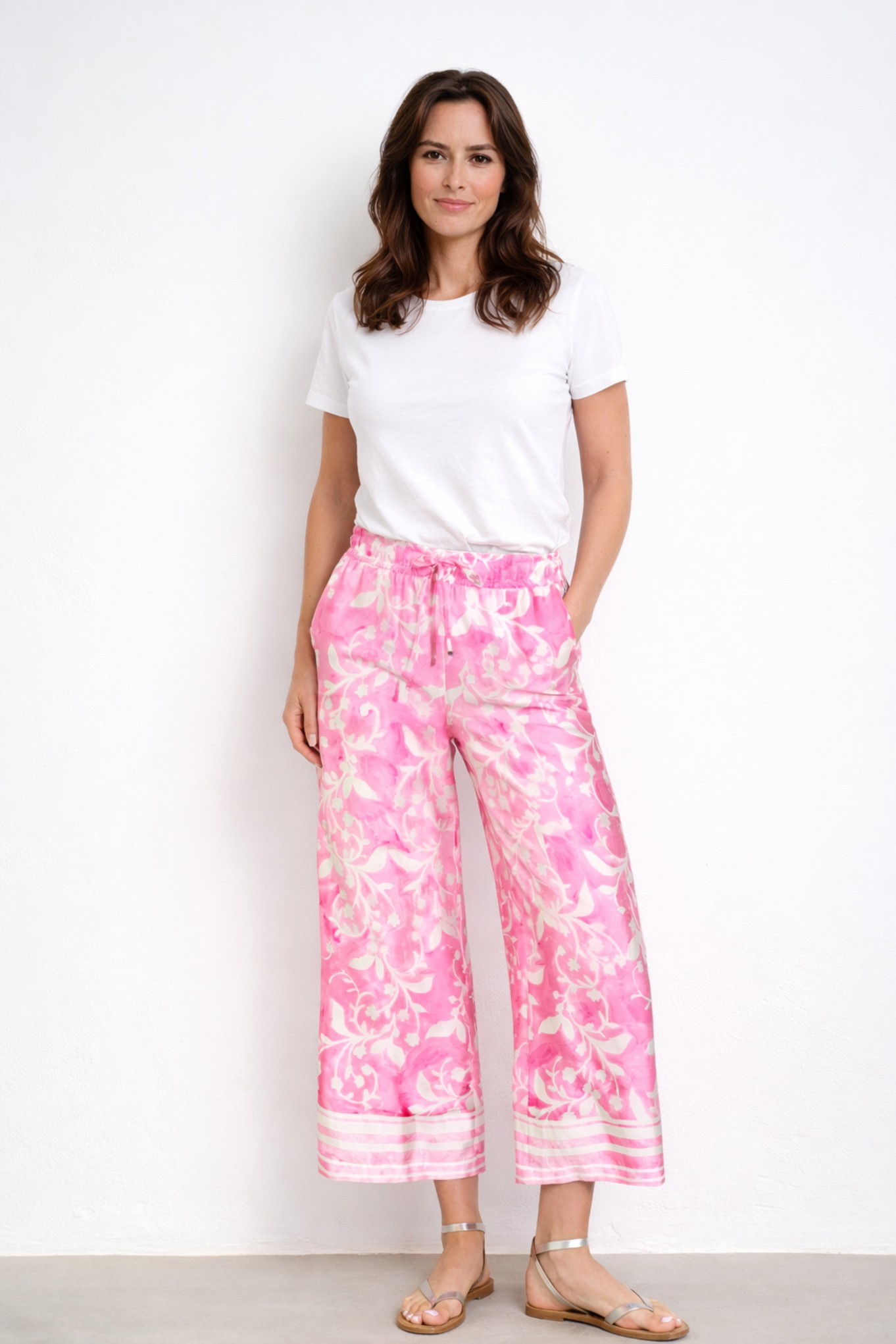 Melly 09 Finessa Floral Wide Leg Satin Ankle Grazers Pink 43