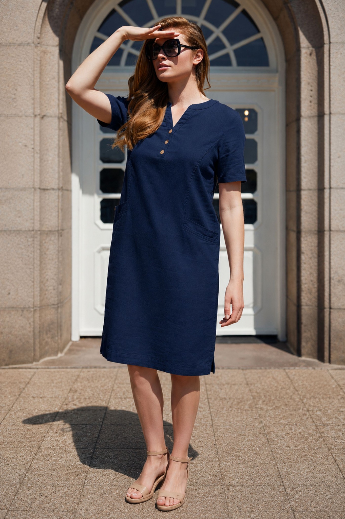 Sunday Palmira Button Neck Linen Dress Navy 69