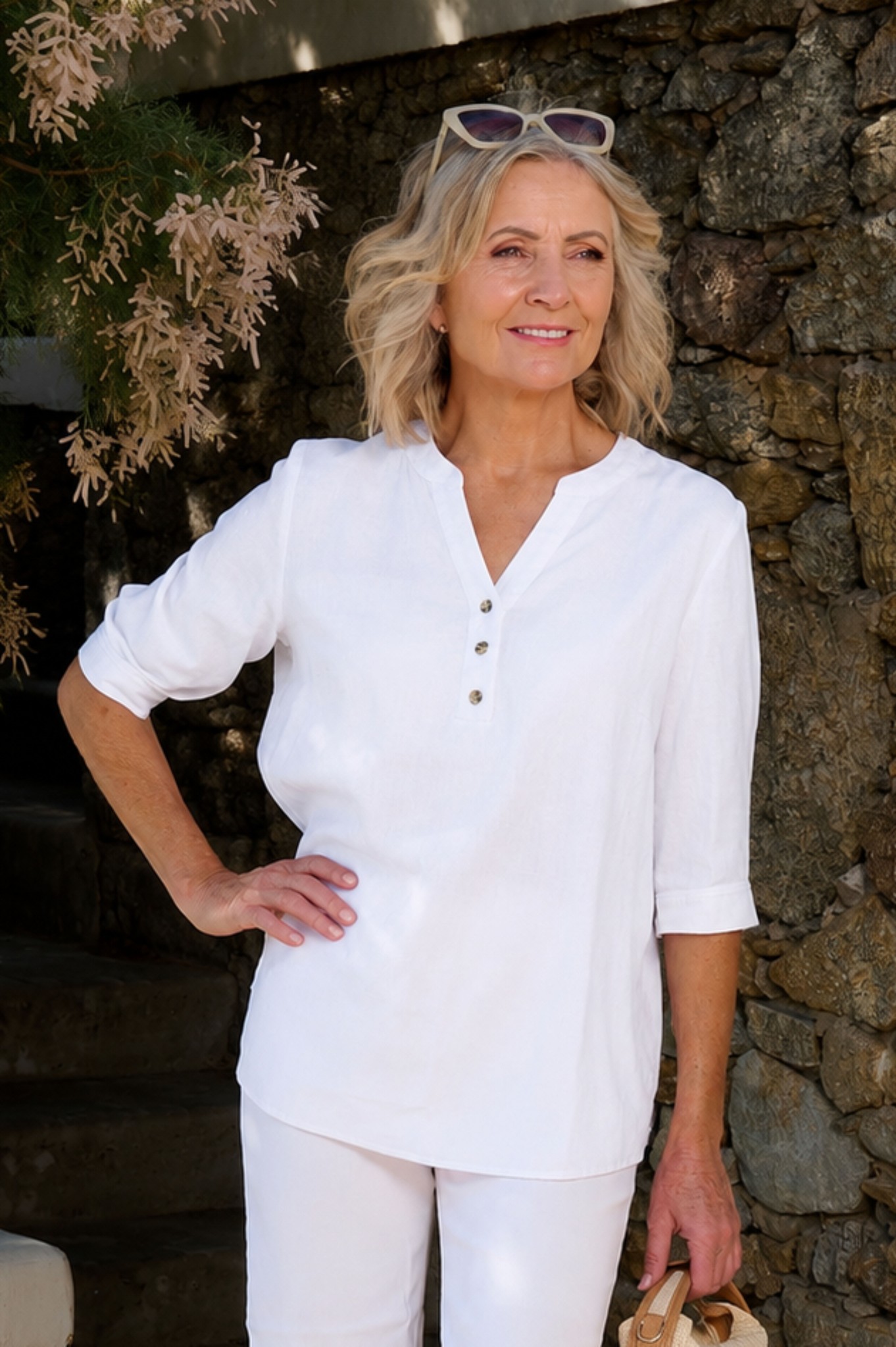 Sunday Palmira Button Neck Linen Top White 10