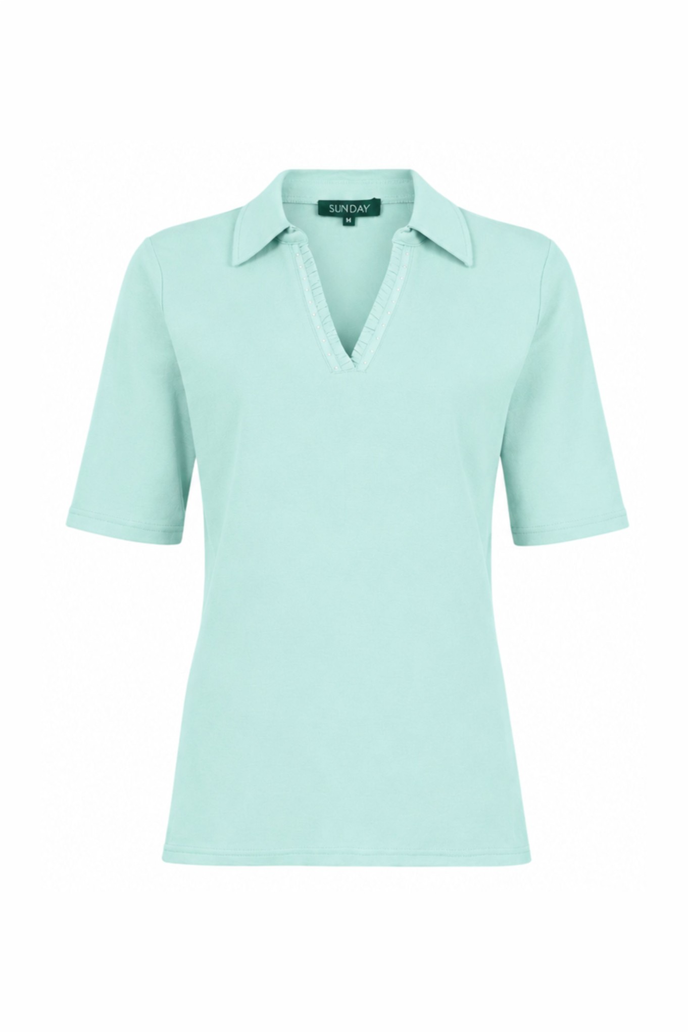 Sunday Diamante V-Neck Collared Cotton T-Shirt Aqua 810