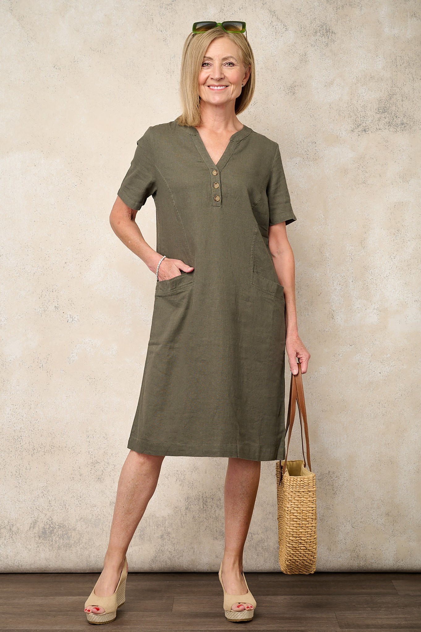 Sunday Palmira Button Neck Linen Dress Sage 98