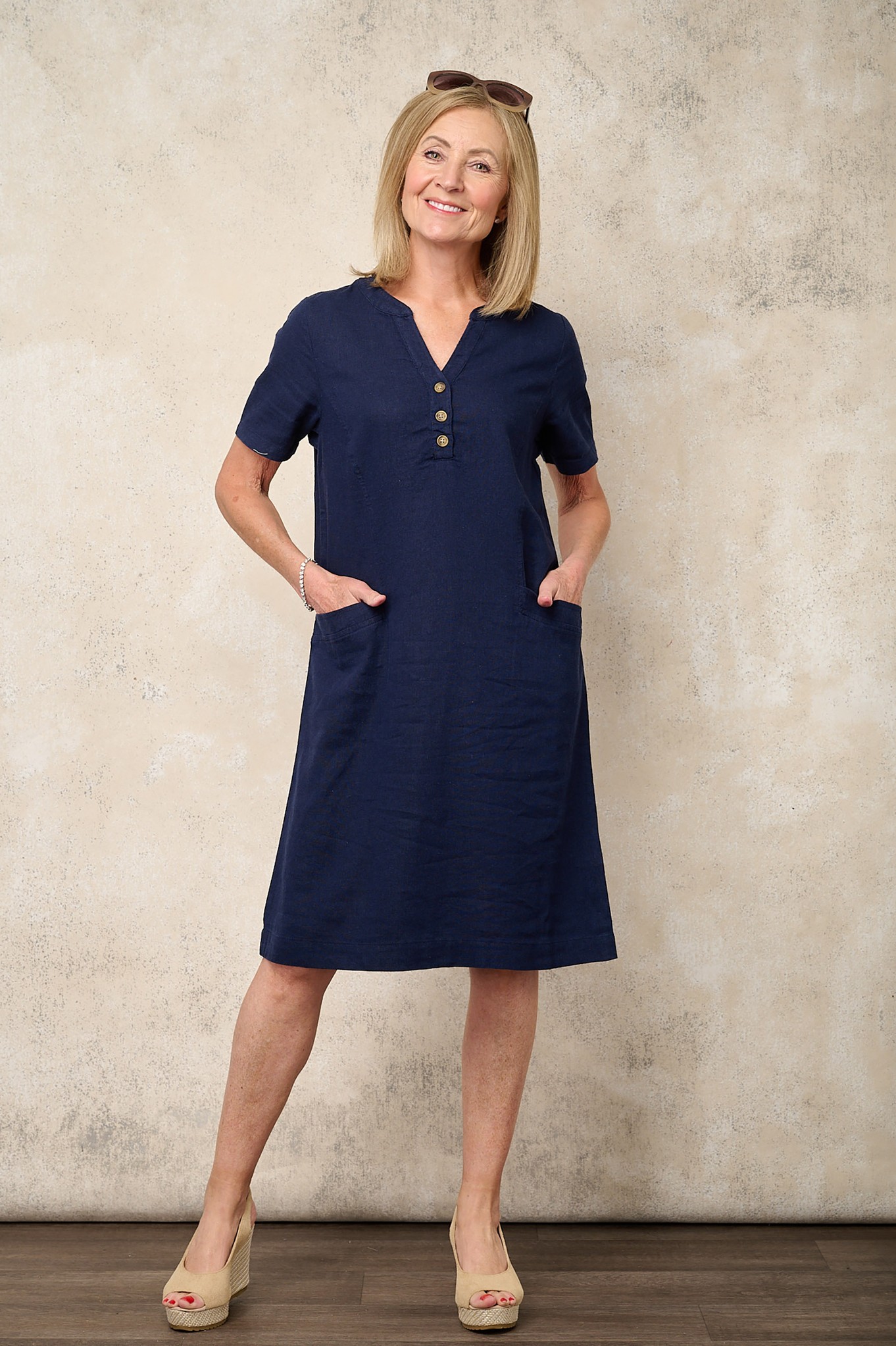 Sunday Palmira Button Neck Linen Dress Navy 69