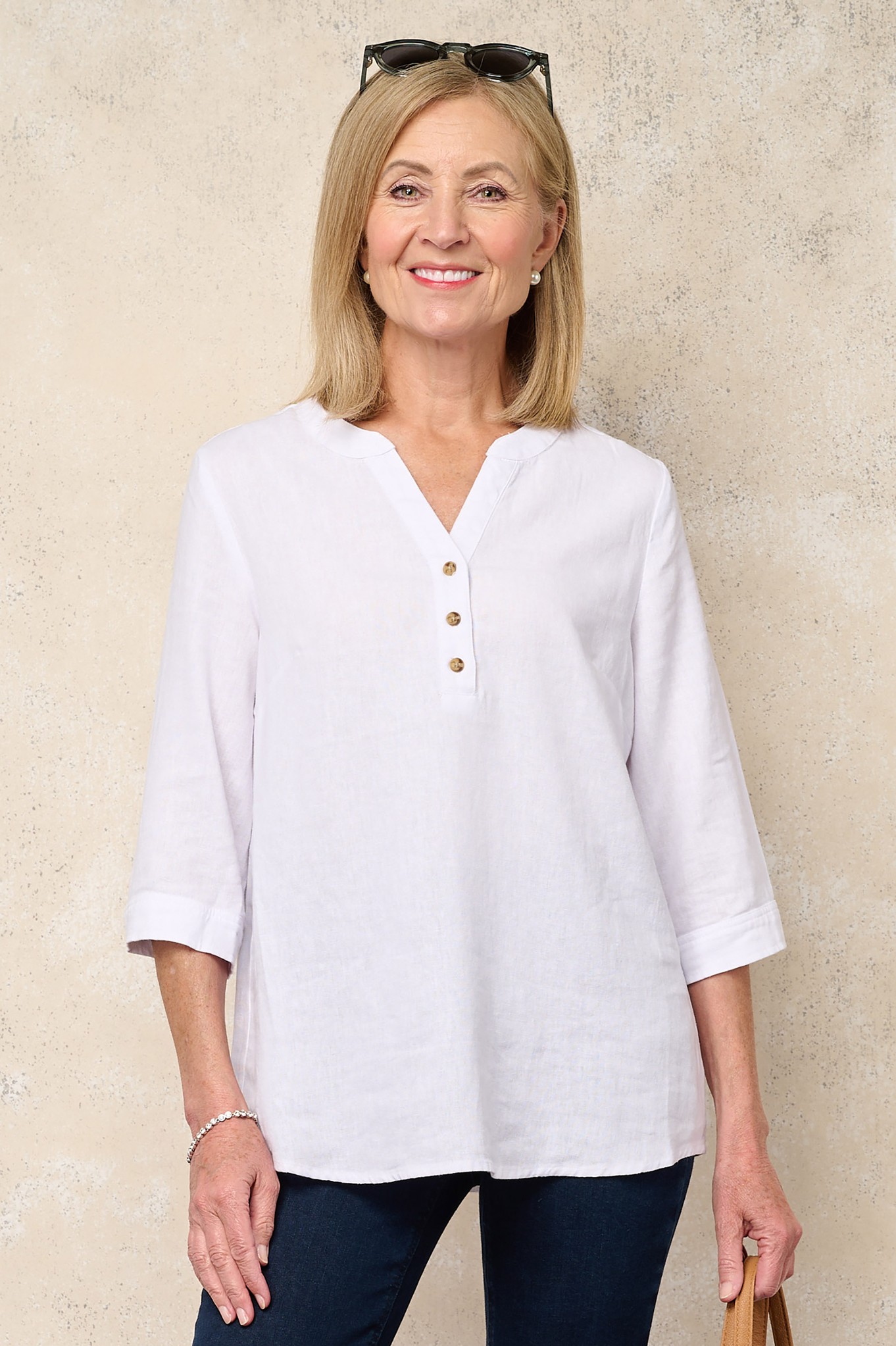 Sunday Palmira Button Neck Linen Top White 10