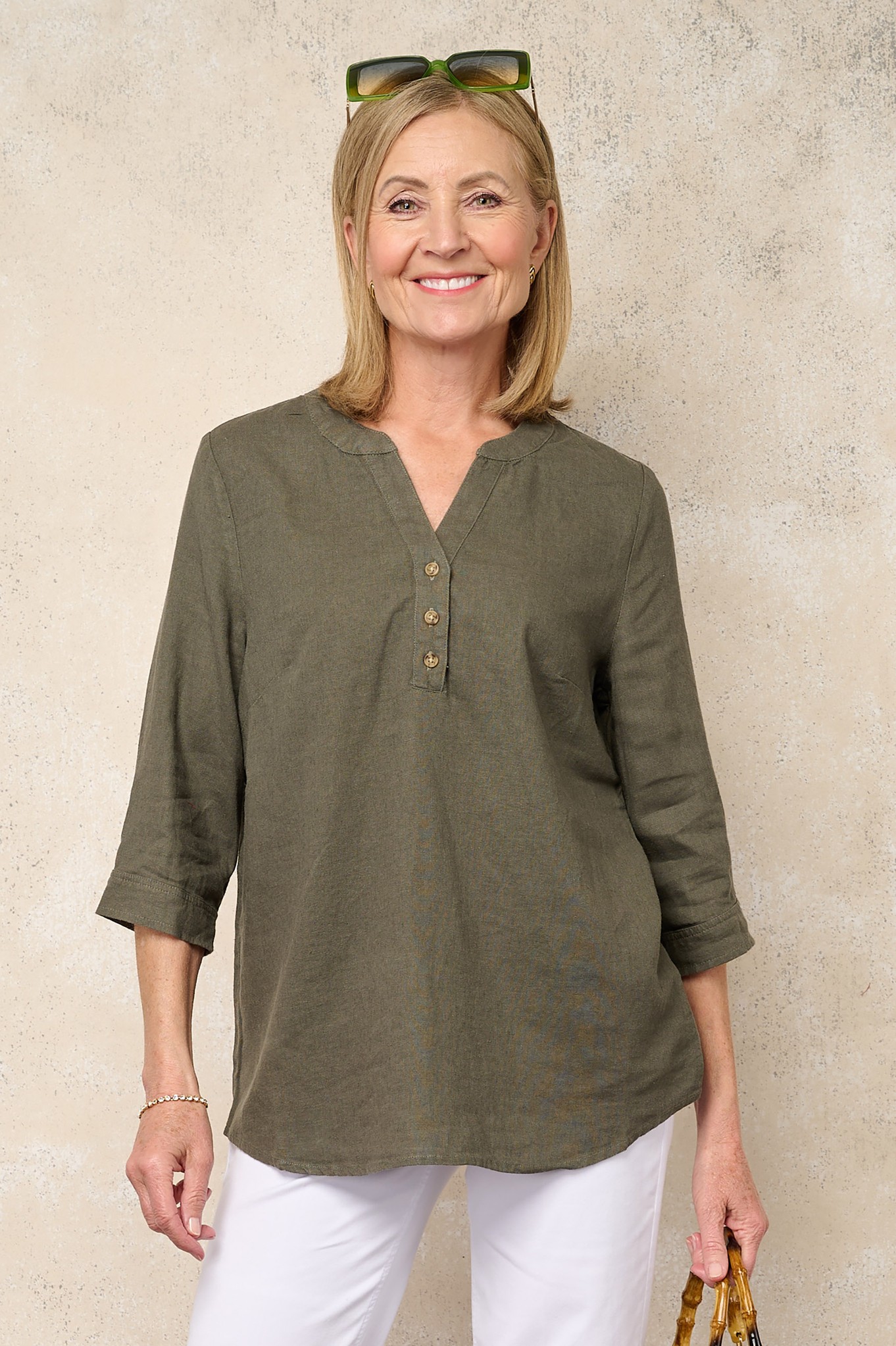 Sunday Palmira Button Neck Linen Top Sage 98