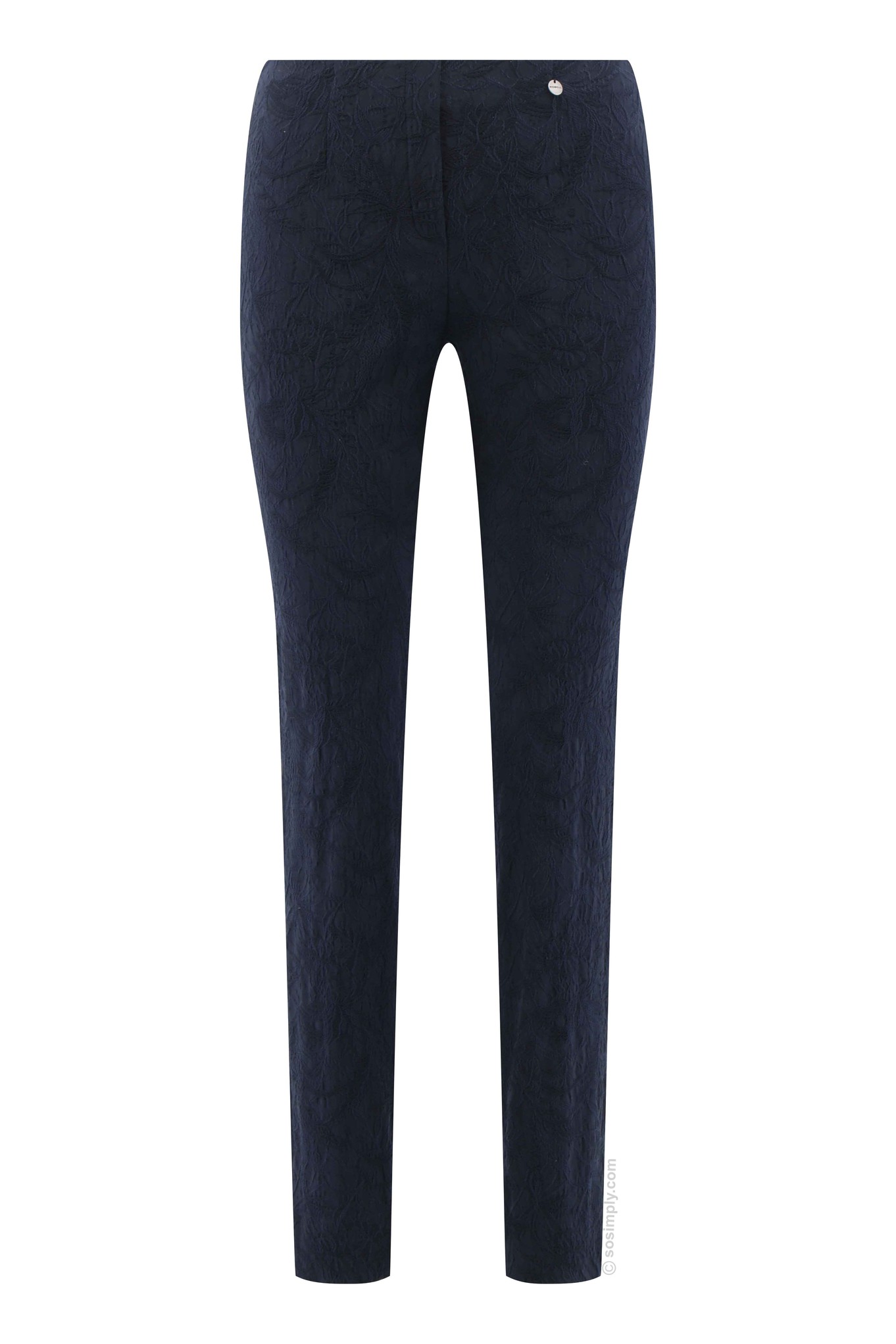 Robell Marie Leaf Jacquard Trouser Navy 69