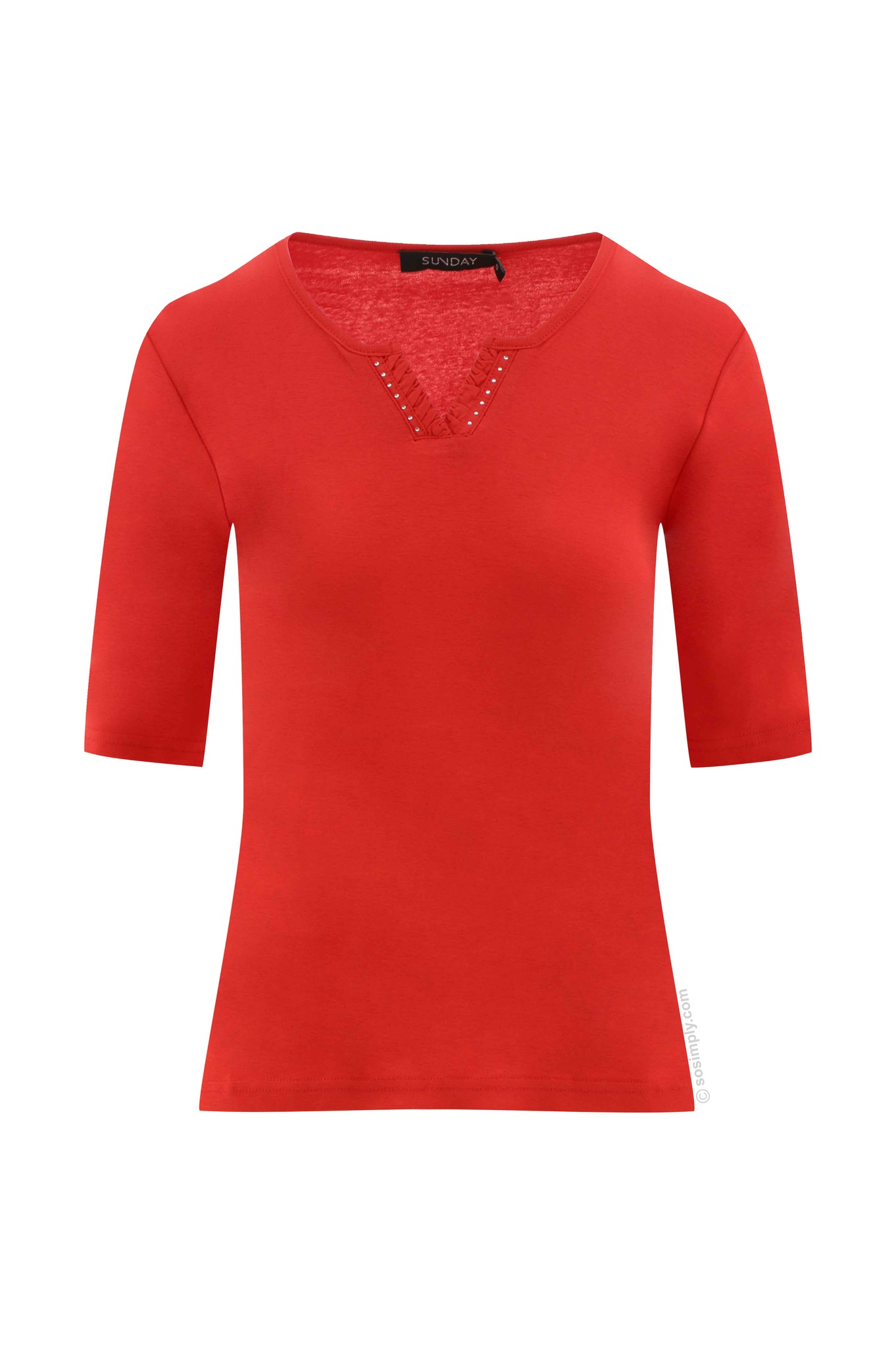 Sunday Round Split Diamante Cotton T-Shirt Red 480